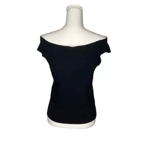Reiss Megan Bardot Black Off The Shoulder Ribbed Knit Short Sleeve Top Large - Picture 5 of 8